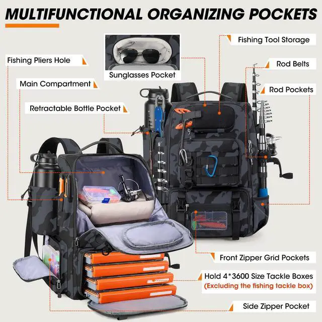 Alt view image 4 of 7 - Fishing Backpack with Rod Holders & Cooler 40L Water Resistant Tackle Backpack with Rain Cover Store Fishing Gear