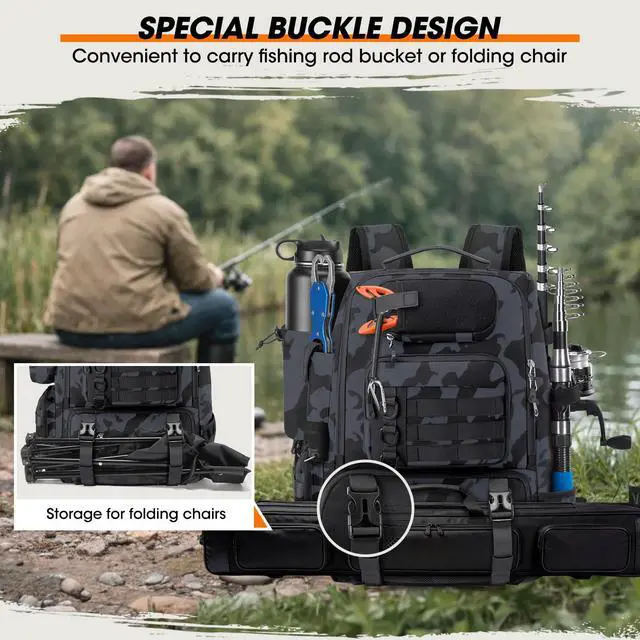 Alt view image 3 of 7 - Fishing Backpack with Rod Holders & Cooler 40L Water Resistant Tackle Backpack with Rain Cover Store Fishing Gear