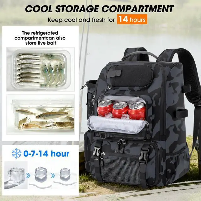 Alt view image 2 of 7 - Fishing Backpack with Rod Holders & Cooler 40L Water Resistant Tackle Backpack with Rain Cover Store Fishing Gear