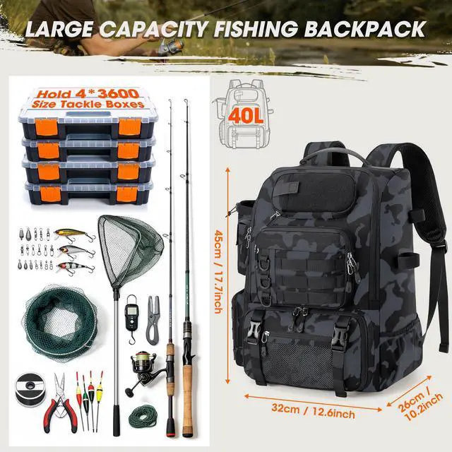 Alt view image 7 of 7 - Fishing Backpack with Rod Holders & Cooler 40L Water Resistant Tackle Backpack with Rain Cover Store Fishing Gear
