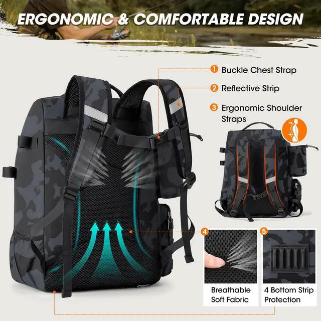 Alt view image 6 of 7 - Fishing Backpack with Rod Holders & Cooler 40L Water Resistant Tackle Backpack with Rain Cover Store Fishing Gear