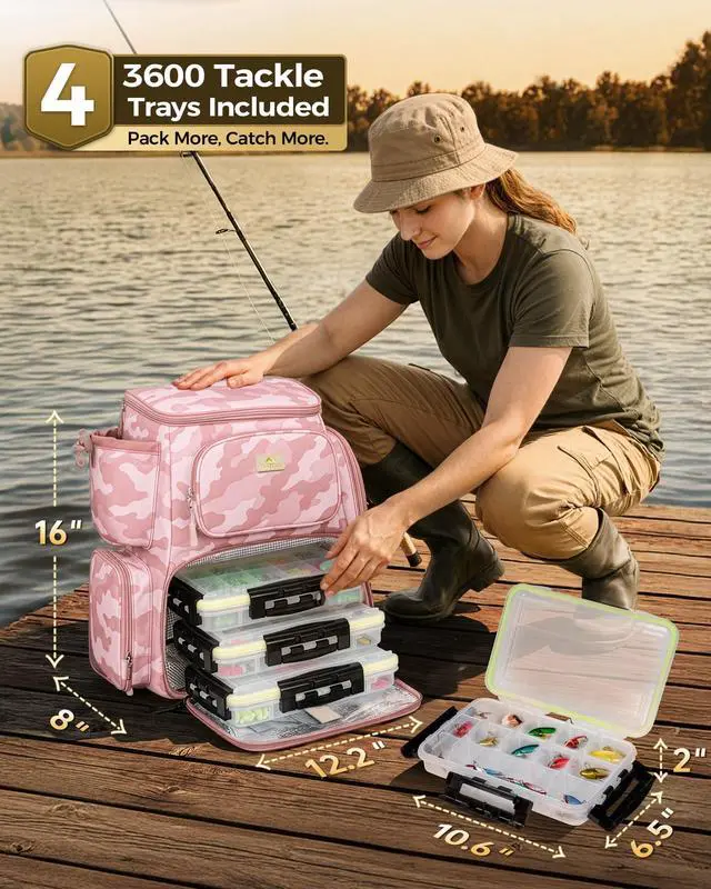 Alt view image 2 of 7 - Pro Fishing Backpack with 4 Tackle Boxes, 3600 Tackle Box Backpack | Fishing Bag with Rod Holder, Tackle Backpack with Large Side Gear Storage & Insulated Cooler Compartment, Fishing Gifts