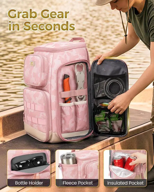 Alt view image 4 of 7 - Pro Fishing Backpack with 4 Tackle Boxes, 3600 Tackle Box Backpack | Fishing Bag with Rod Holder, Tackle Backpack with Large Side Gear Storage & Insulated Cooler Compartment, Fishing Gifts