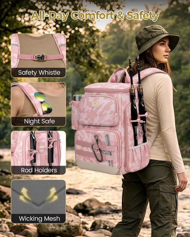 Alt view image 6 of 7 - Pro Fishing Backpack with 4 Tackle Boxes, 3600 Tackle Box Backpack | Fishing Bag with Rod Holder, Tackle Backpack with Large Side Gear Storage & Insulated Cooler Compartment, Fishing Gifts