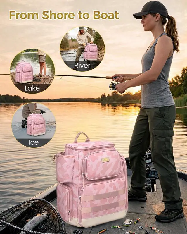 Alt view image 7 of 7 - Pro Fishing Backpack with 4 Tackle Boxes, 3600 Tackle Box Backpack | Fishing Bag with Rod Holder, Tackle Backpack with Large Side Gear Storage & Insulated Cooler Compartment, Fishing Gifts