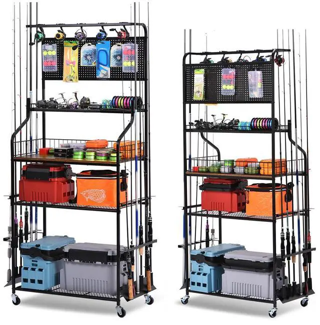 Main image of Heavy Duty Fishing Rod Rack, Fishing Organizer for Garage, Fishing Gear Holder for Garage with Movable Wheels