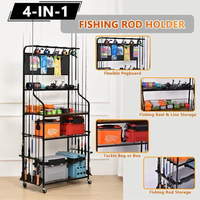 Alt view image 2 of 7 - Heavy Duty Fishing Rod Rack, Fishing Organizer for Garage, Fishing Gear Holder for Garage with Movable Wheels