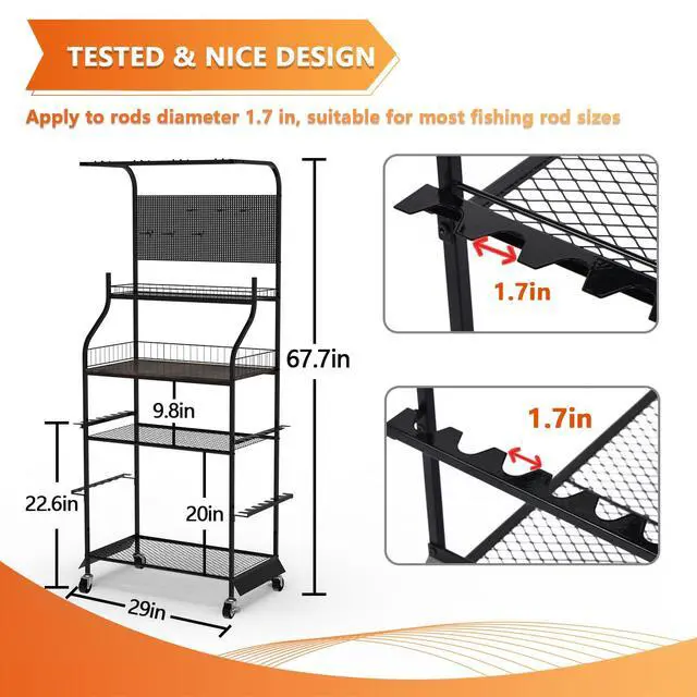 Alt view image 3 of 7 - Heavy Duty Fishing Rod Rack, Fishing Organizer for Garage, Fishing Gear Holder for Garage with Movable Wheels