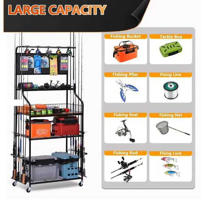Alt view image 4 of 7 - Heavy Duty Fishing Rod Rack, Fishing Organizer for Garage, Fishing Gear Holder for Garage with Movable Wheels