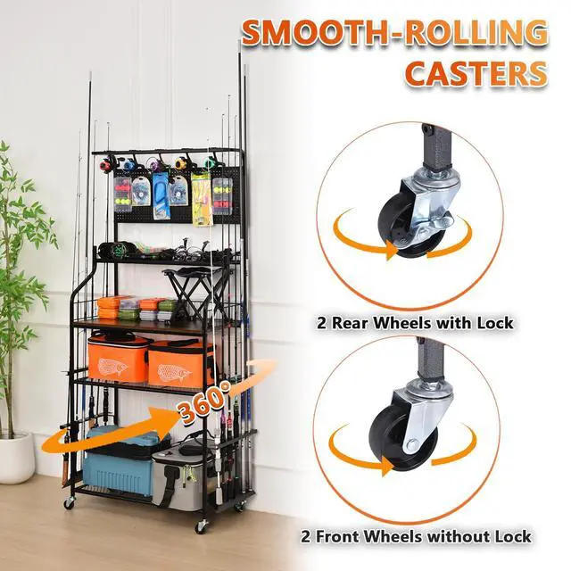 Alt view image 6 of 7 - Heavy Duty Fishing Rod Rack, Fishing Organizer for Garage, Fishing Gear Holder for Garage with Movable Wheels