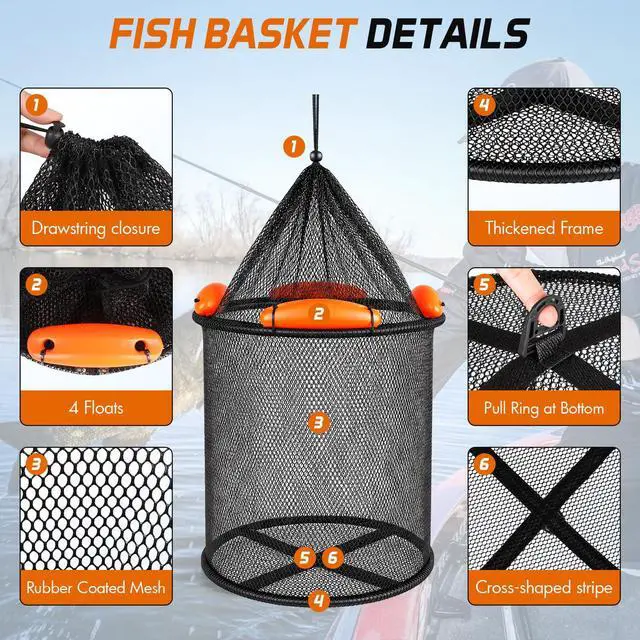 Alt view image 3 of 7 - Fishing Net with Floating Fish Basket 8.6 Gallons, Fishing Gear Kit with Foldable Fish Landing Net and Collapsible Minnow Bucket for Kayak Boat Bass Catfish Trout Crappie