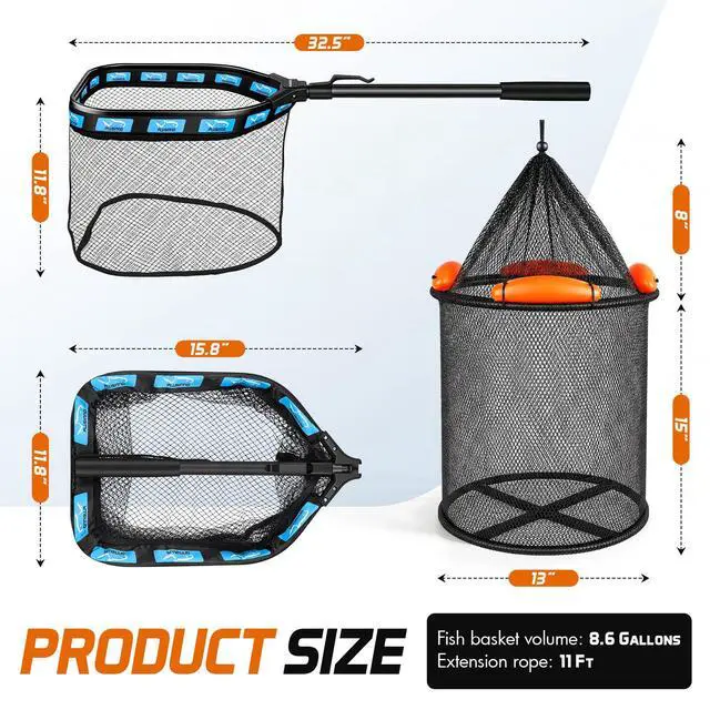 Alt view image 6 of 7 - Fishing Net with Floating Fish Basket 8.6 Gallons, Fishing Gear Kit with Foldable Fish Landing Net and Collapsible Minnow Bucket for Kayak Boat Bass Catfish Trout Crappie