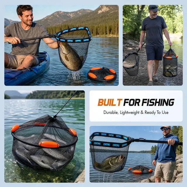Alt view image 7 of 7 - Fishing Net with Floating Fish Basket 8.6 Gallons, Fishing Gear Kit with Foldable Fish Landing Net and Collapsible Minnow Bucket for Kayak Boat Bass Catfish Trout Crappie