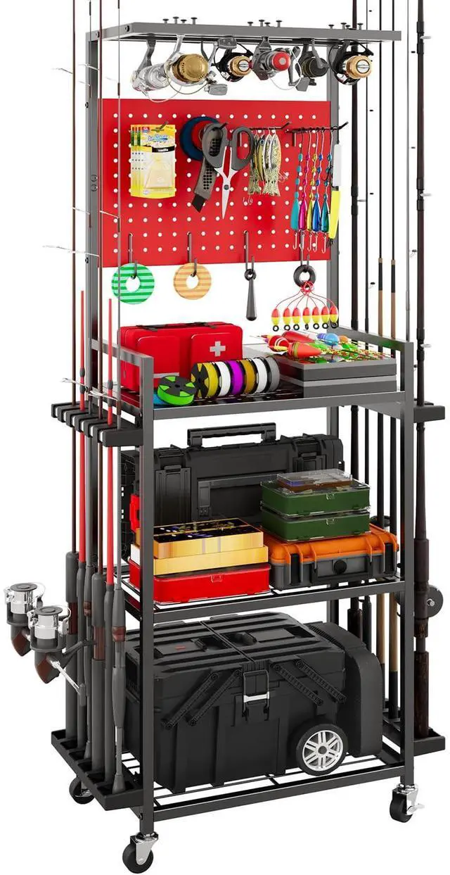 Main image of Fishing Rod Holders for Garage, Fishing Rod Storage Rack with Hooks & Wheels, Fishing Pole Holder Organizer, Tackle Box & Reel Storage Red