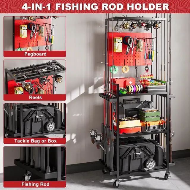 Alt view image 2 of 7 - Fishing Rod Holders for Garage, Fishing Rod Storage Rack with Hooks & Wheels, Fishing Pole Holder Organizer, Tackle Box & Reel Storage Red