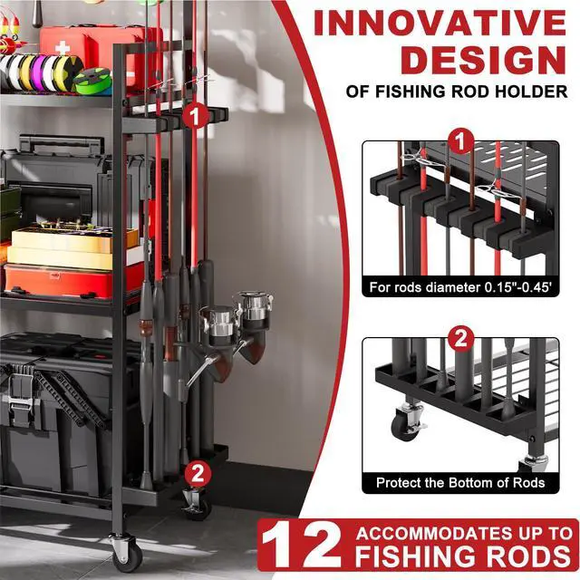 Alt view image 3 of 7 - Fishing Rod Holders for Garage, Fishing Rod Storage Rack with Hooks & Wheels, Fishing Pole Holder Organizer, Tackle Box & Reel Storage Red