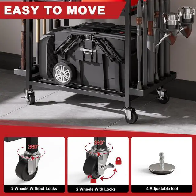 Alt view image 5 of 7 - Fishing Rod Holders for Garage, Fishing Rod Storage Rack with Hooks & Wheels, Fishing Pole Holder Organizer, Tackle Box & Reel Storage Red
