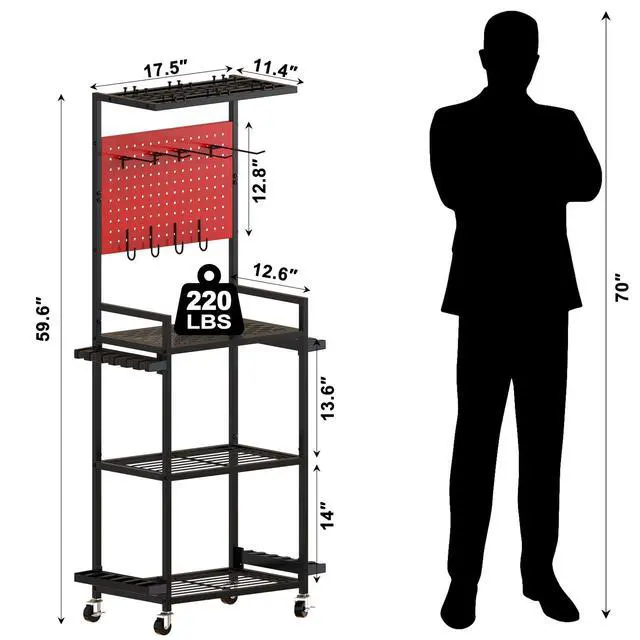 Alt view image 4 of 7 - Fishing Rod Holders for Garage, Fishing Rod Storage Rack with Hooks & Wheels, Fishing Pole Holder Organizer, Tackle Box & Reel Storage Red