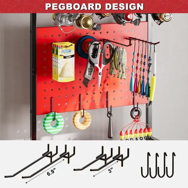 Alt view image 6 of 7 - Fishing Rod Holders for Garage, Fishing Rod Storage Rack with Hooks & Wheels, Fishing Pole Holder Organizer, Tackle Box & Reel Storage Red