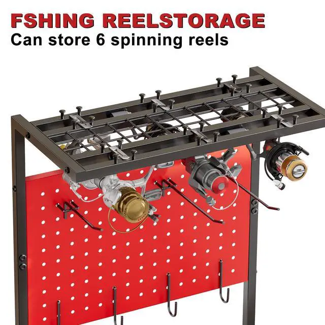 Alt view image 7 of 7 - Fishing Rod Holders for Garage, Fishing Rod Storage Rack with Hooks & Wheels, Fishing Pole Holder Organizer, Tackle Box & Reel Storage Red