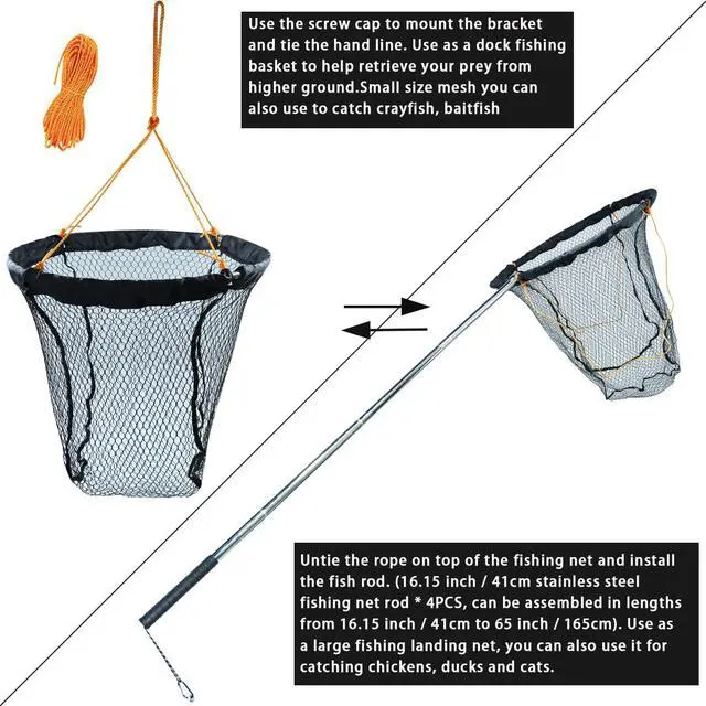 Alt view image 2 of 7 - Large Collapsible Bridge Pier Fishing Net Landing Net with Rod, High Load Aluminum Ring Drop Net for Saltwater and Freshwater Pier Fishing Basket with 49.2 ft. Rope