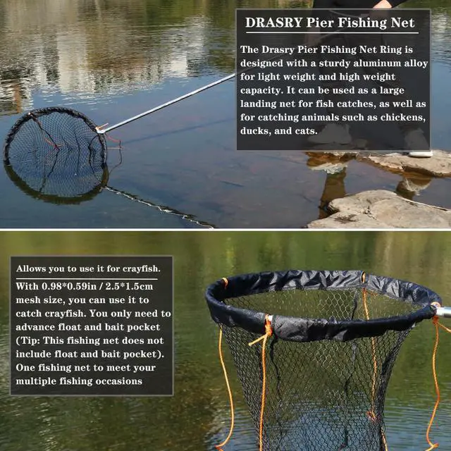 Alt view image 7 of 7 - Large Collapsible Bridge Pier Fishing Net Landing Net with Rod, High Load Aluminum Ring Drop Net for Saltwater and Freshwater Pier Fishing Basket with 49.2 ft. Rope