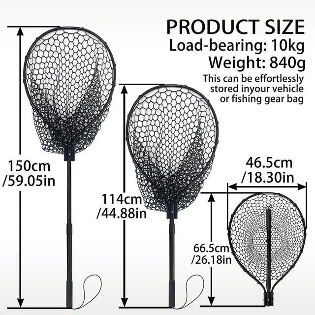 Alt view image 3 of 7 - All Metal Telescoping Rubber Fishing Net with Handle Length: 59" Depth:19.7" Hoop: 26"x18" Large Silicone Fish Landing Net Pier/Kayak/Fishpond/Saltwater/Salmon Extendable Fishing Gear