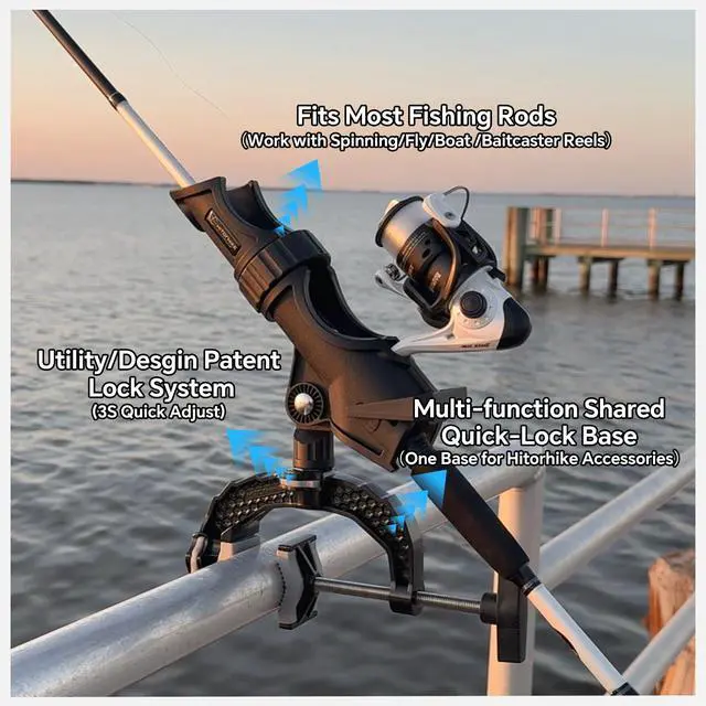 Alt view image 3 of 7 - Fishing Rod Holder with Aluminum Alloy Base and One-Click Lock System Fits Round Square Tubes 0.59"~4.53" Enlarged Clamp Range for Bank Boat Kayak Fishing Rod Holder