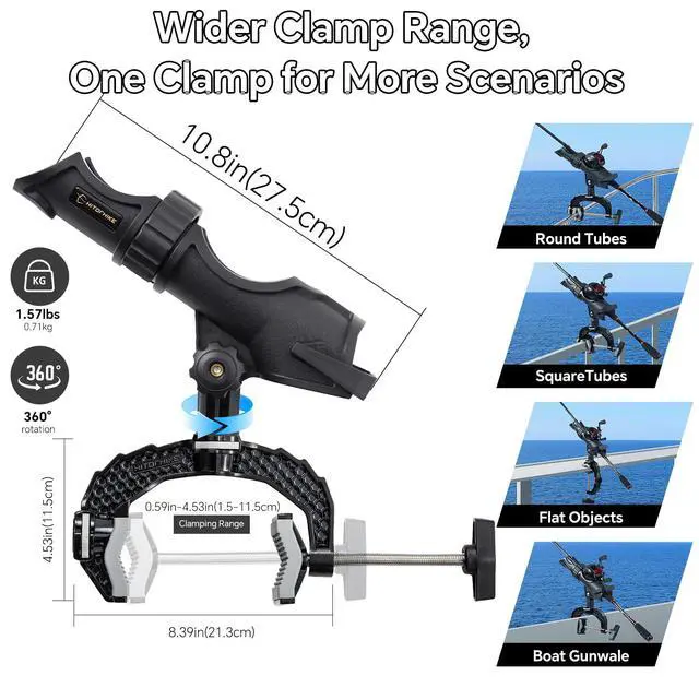 Alt view image 2 of 7 - Fishing Rod Holder with Aluminum Alloy Base and One-Click Lock System Fits Round Square Tubes 0.59"~4.53" Enlarged Clamp Range for Bank Boat Kayak Fishing Rod Holder