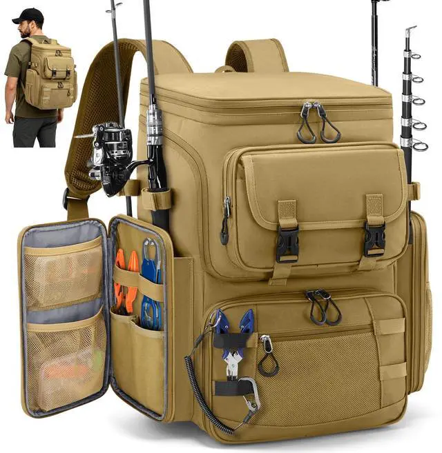 Main image of Fishing Backpack, 45L Large Water-resistant Fishing Tackle Bag | with 4 Rod Holders & Insulated Cooler & Rain Cover Professional 900D Oxford Tackle Backpack for Men Gift Khaki