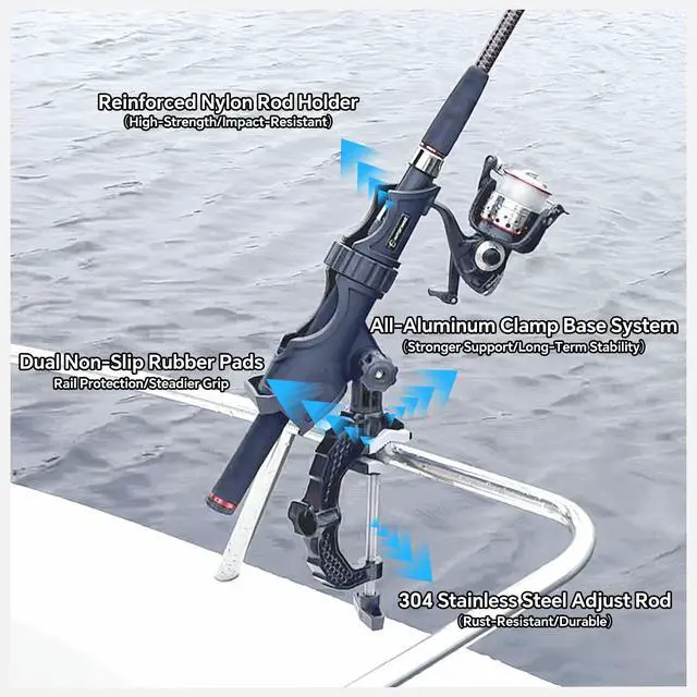 Alt view image 4 of 7 - Fishing Rod Holder with Aluminum Alloy Base and One-Click Lock System Fits Round Square Tubes 0.59"~4.53" Enlarged Clamp Range for Bank Boat Kayak Fishing Rod Holder