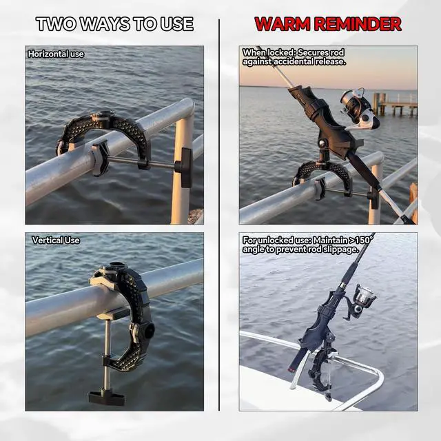 Alt view image 6 of 7 - Fishing Rod Holder with Aluminum Alloy Base and One-Click Lock System Fits Round Square Tubes 0.59"~4.53" Enlarged Clamp Range for Bank Boat Kayak Fishing Rod Holder
