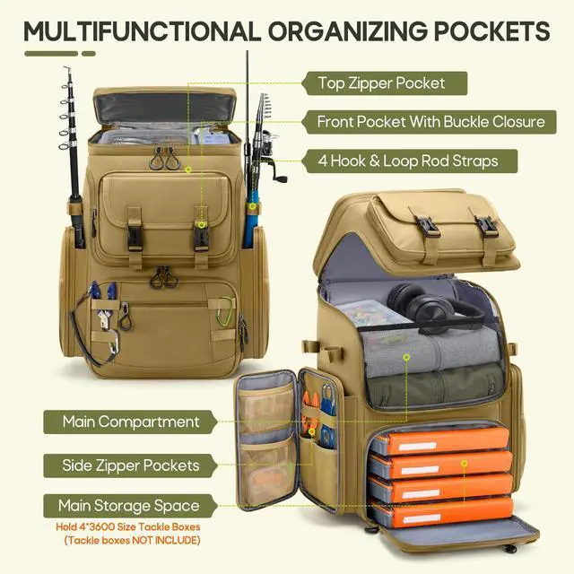 Alt view image 2 of 7 - Fishing Backpack, 45L Large Water-resistant Fishing Tackle Bag | with 4 Rod Holders & Insulated Cooler & Rain Cover Professional 900D Oxford Tackle Backpack for Men Gift Khaki