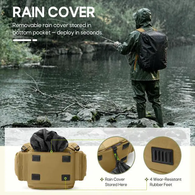 Alt view image 4 of 7 - Fishing Backpack, 45L Large Water-resistant Fishing Tackle Bag | with 4 Rod Holders & Insulated Cooler & Rain Cover Professional 900D Oxford Tackle Backpack for Men Gift Khaki
