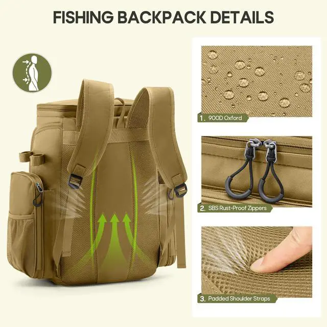 Alt view image 6 of 7 - Fishing Backpack, 45L Large Water-resistant Fishing Tackle Bag | with 4 Rod Holders & Insulated Cooler & Rain Cover Professional 900D Oxford Tackle Backpack for Men Gift Khaki
