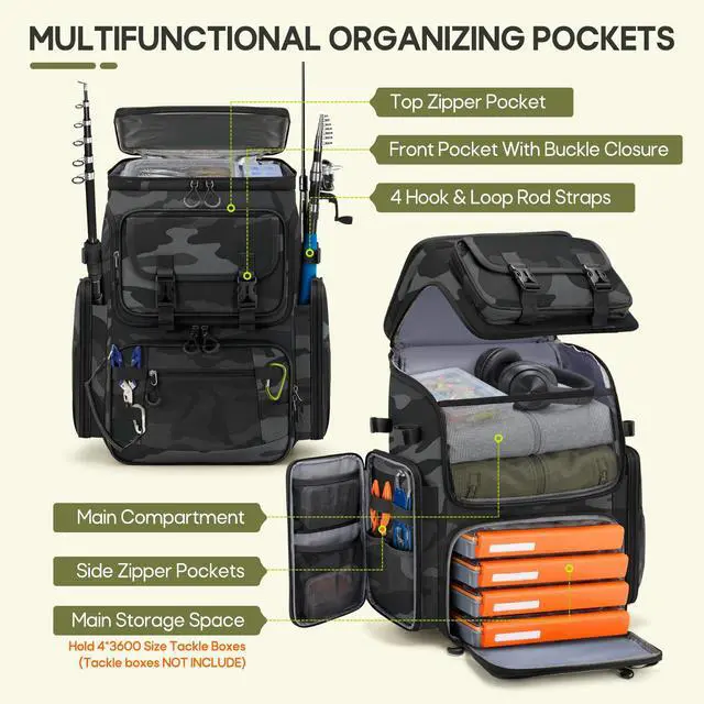 Alt view image 2 of 7 - Fishing Backpack, 45L Large Water-resistant Fishing Tackle Bag | with 4 Rod Holders & Insulated Cooler & Rain Cover Professional 900D Oxford Tackle Backpack for Men Gift Gray Camouflage