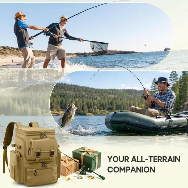 Alt view image 7 of 7 - Fishing Backpack, 45L Large Water-resistant Fishing Tackle Bag | with 4 Rod Holders & Insulated Cooler & Rain Cover Professional 900D Oxford Tackle Backpack for Men Gift Khaki