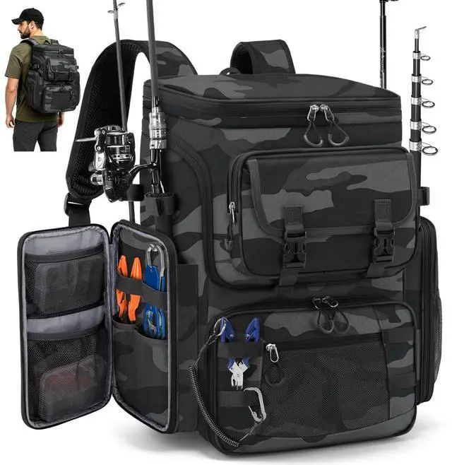 Main image of Fishing Backpack, 45L Large Water-resistant Fishing Tackle Bag | with 4 Rod Holders & Insulated Cooler & Rain Cover Professional 900D Oxford Tackle Backpack for Men Gift Gray Camouflage