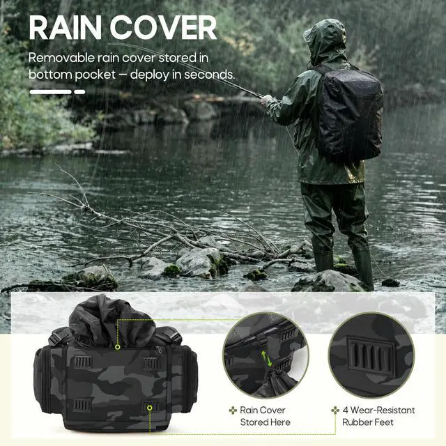 Alt view image 4 of 7 - Fishing Backpack, 45L Large Water-resistant Fishing Tackle Bag | with 4 Rod Holders & Insulated Cooler & Rain Cover Professional 900D Oxford Tackle Backpack for Men Gift Gray Camouflage