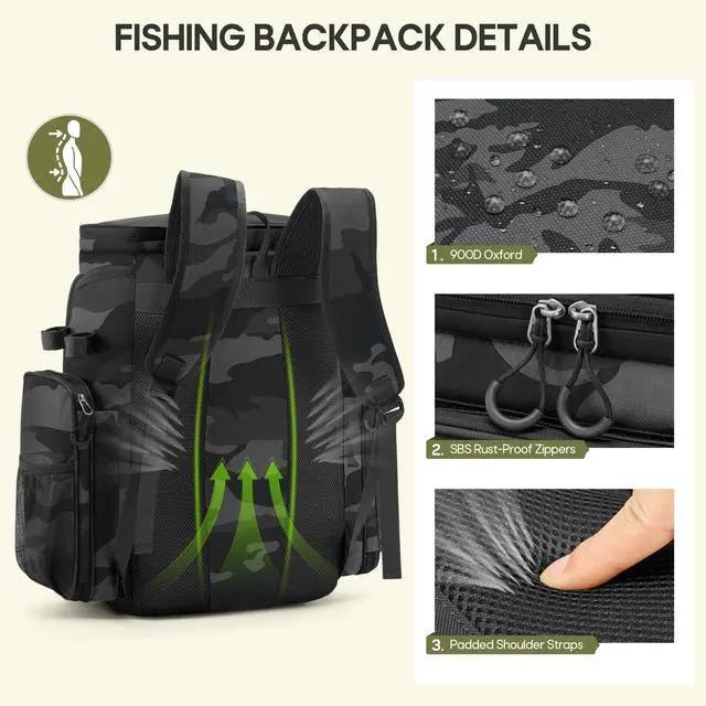 Alt view image 6 of 7 - Fishing Backpack, 45L Large Water-resistant Fishing Tackle Bag | with 4 Rod Holders & Insulated Cooler & Rain Cover Professional 900D Oxford Tackle Backpack for Men Gift Gray Camouflage