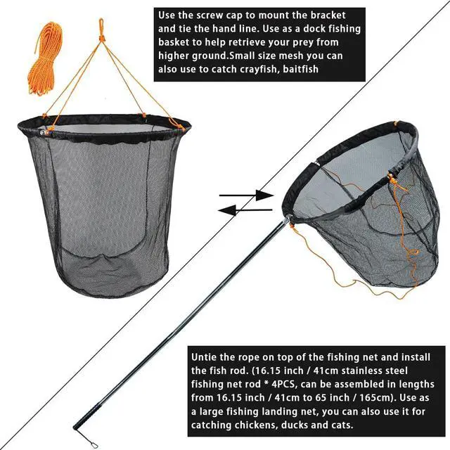Alt view image 3 of 7 - Large Collapsible Bridge Pier Fishing Net Landing Net with Rod, High Load Aluminum Ring Drop Net for Saltwater and Freshwater Pier Fishing Basket with 49.2 ft. Rope