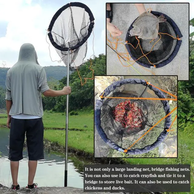Alt view image 6 of 7 - Large Collapsible Bridge Pier Fishing Net Landing Net with Rod, High Load Aluminum Ring Drop Net for Saltwater and Freshwater Pier Fishing Basket with 49.2 ft. Rope