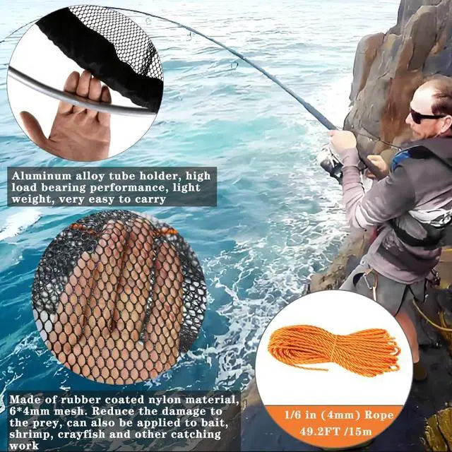 Alt view image 4 of 7 - Large Collapsible Bridge Pier Fishing Net Landing Net with Rod, High Load Aluminum Ring Drop Net for Saltwater and Freshwater Pier Fishing Basket with 49.2 ft. Rope