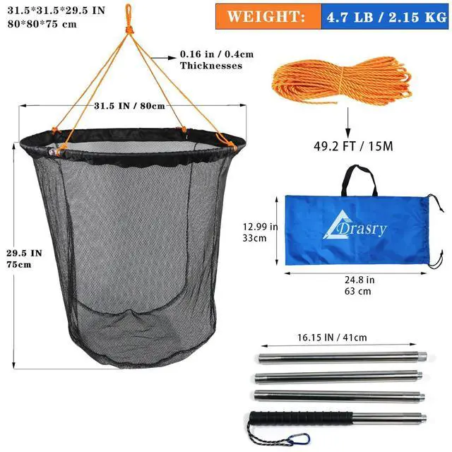 Alt view image 2 of 7 - Large Collapsible Bridge Pier Fishing Net Landing Net with Rod, High Load Aluminum Ring Drop Net for Saltwater and Freshwater Pier Fishing Basket with 49.2 ft. Rope