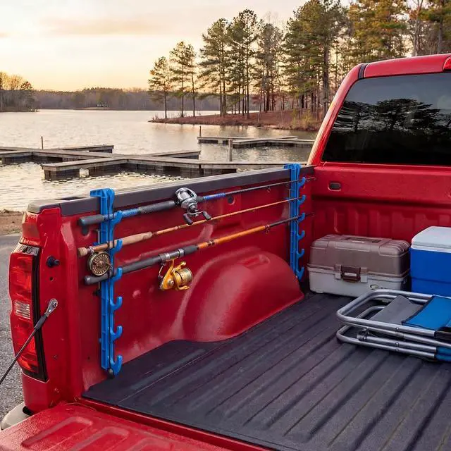 Alt view image 5 of 6 - 2 Sets Truck Bed Fishing Rod Holder, Fishing Pole Rack for Truck Holds 4 Rods, Fits 2.36" Thick Rails, Easy Install Kayak & Fly Rod Storage Stand