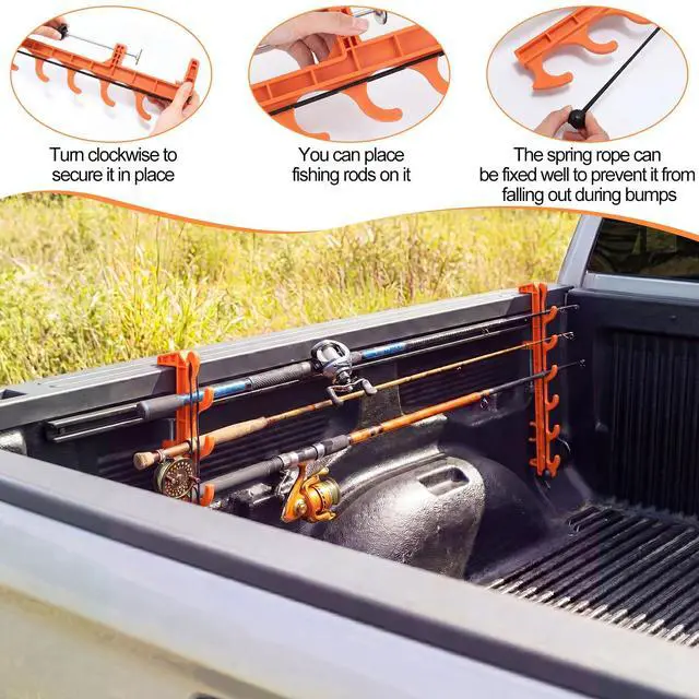 Alt view image 3 of 6 - 2 Sets Truck Bed Fishing Rod Holder, Fishing Pole Rack for Truck Holds 4 Rods, Fits 2.36" Thick Rails, Easy Install Kayak & Fly Rod Storage Stand