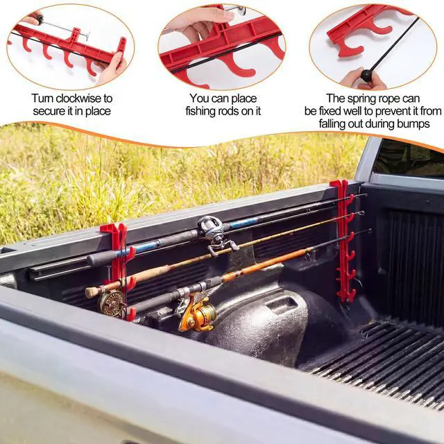 Alt view image 3 of 6 - 2 Sets Truck Bed Fishing Rod Holder, Fishing Pole Rack for Truck Holds 4 Rods, Fits 2.36" Thick Rails, Easy Install Kayak & Fly Rod Storage Stand