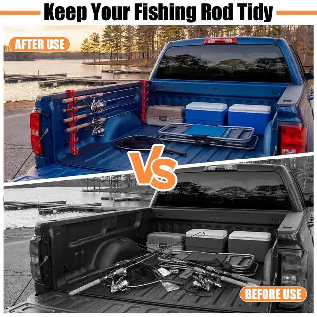 Alt view image 4 of 6 - 2 Sets Truck Bed Fishing Rod Holder, Fishing Pole Rack for Truck Holds 4 Rods, Fits 2.36" Thick Rails, Easy Install Kayak & Fly Rod Storage Stand
