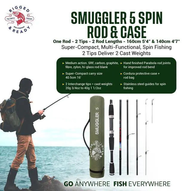 Alt view image 2 of 7 - Rigged and Ready Smuggler Series Travel Fishing Rods. Super Compact, 1 Spinning Rod and Reel Combo, 4 Spin, 1 Casting Rod + Cases. 2, 3 or 4 Tips. Spin and General Freshwater - Saltwater Fishing