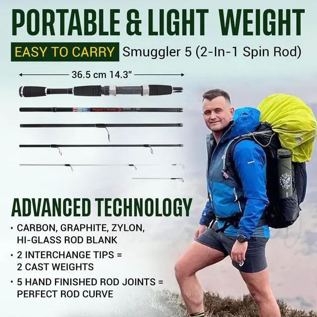 Alt view image 3 of 7 - Rigged and Ready Smuggler Series Travel Fishing Rods. Super Compact, 1 Spinning Rod and Reel Combo, 4 Spin, 1 Casting Rod + Cases. 2, 3 or 4 Tips. Spin and General Freshwater - Saltwater Fishing